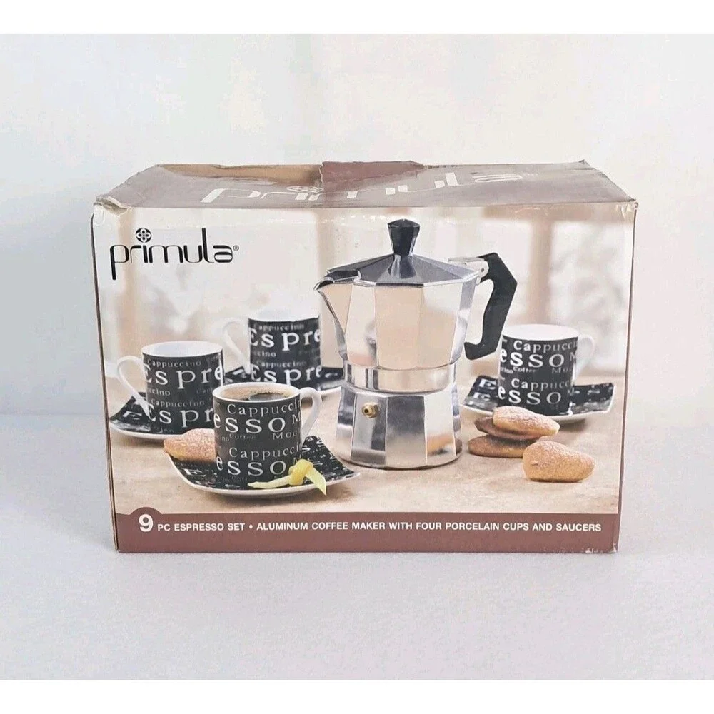 Primula 9 Piece Espresso Set Coffee Maker 4 Cups and 4 Saucers